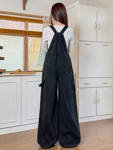 Rivivi 女式休闲水洗阔腿牛仔背带裤 - 黑色 - 查看 2