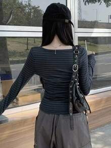 DAZY Women Casual Stripe Fitted Half-Zip Collar Long Sleeve T-Shirt,Fall Clothes