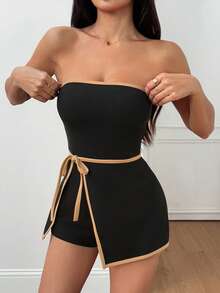 SHEIN PETITE 休闲商务撞色边无袖连衣连衣裙 - 黑色 - 查看 3