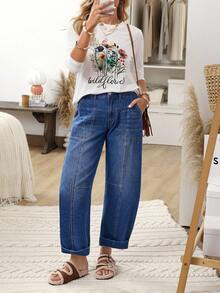 EMERY ROSE 女式口袋喇叭休闲宽松牛仔裤 - 藍色 - 查看 8