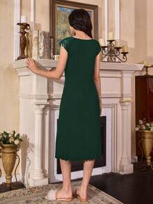 Côtesoire French V-Neck Lace Trim Faux Collar Decor Button Casual Nightgown For Women Green Nightgown Green Dress Women - Dark Green - View 2
