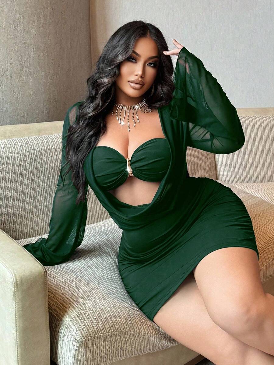 NU&NOW Plus Size Women's Dress, Autumn/Winter, Fuzzy Cuff, High Stretch, Semi-Sheer Mesh, Twist Knot, Metal Button, Sexy Bodycon Maxi Dress, Long Sleeve, Christmas Party Holiday Gathering Dress