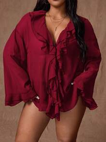Rustia 大码女式纯色雪纺薄款双荷叶边宽松系带前长袖衬衫 - 酒紅色 - 查看 3