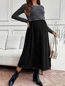 SHEIN Đầm cho con bú cổ tròn tay dài màu tương phản dành cho bà bầu - màu đen - Xem 7