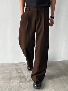 Claim Dot 男士厚阔腿裤，纯色，有口袋，褶皱，宽松，秋季 - 咖啡棕 - 查看 6