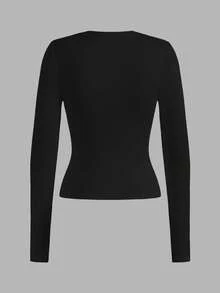 SHEIN EZwear 2 piezas Camisetas de manga larga casuales y minimalistas de talla grande en negro, para otoño/invierno