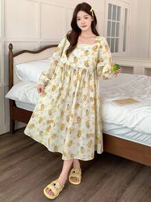 DAZY 可爱卡通印花方领泡泡袖宽松女式睡袍，适合秋季睡衣 - 黃色 - 查看 7