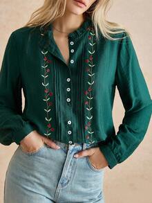 Écloséra French Style Daily Elegant Commuting Bottom Versatile Frill Edge Stand Collar Embroidered Dark Green Women's Autumn And Winter Tops Shirt Women's Shirt Women's Shirt Long Sleeve Top Women's Elegant Shirt Women's Casual Shirt, Christmas