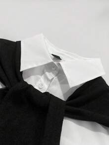 INAWLY 女士时尚休闲浪漫长袖衬衫和裤子两件套 - 黑與白 - 查看 3