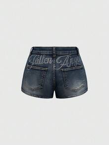ROMWE Grunge Punk Spring/Summer Carnival Party Casual Y2K Vintage Punk Music Festival Sexy Low-Waist Distressed Rhinestone Decor Women's Low Waist Denim Shorts - Blue - View 6