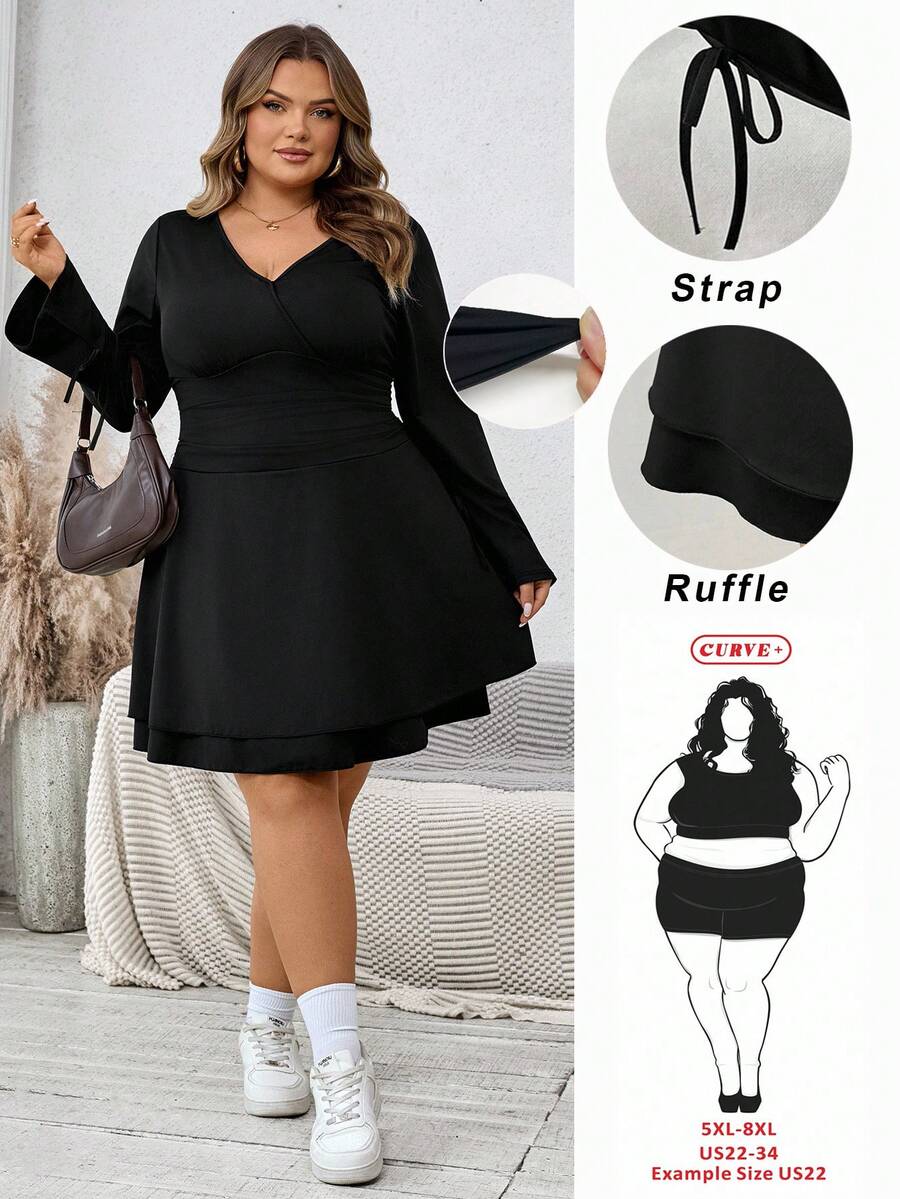 SHEIN CURVE+ Vestido casual negro de manga larga con cuello en V para mujer de talla grande, vestido de graduación - Negro - Ver 1