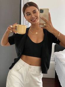 Livesso 女士纯色V领短袖修身针织上衣，商务休闲 - 黑色 - 查看 8