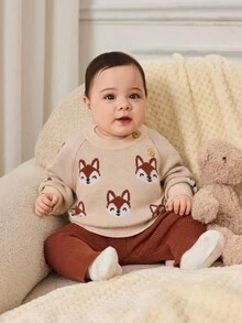 Cozy Pixies Newborn Baby Boy/Girl Cartoon Fox Pattern Crew Neck Long Sleeve Sweater And Elastic Waist Pants 2-Piece Set Fall Winter Baby Set Autumn Winter Season Baby Knitwear Baby Clothes Girl Fall Sweater Mocha Baby Clothes Baby Girl Brown Outfit