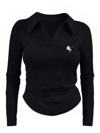 INAWLY Camiseta casual de manga larga y escote con cuello para mujer, con estampado y color contrastante, ajustada y fruncida