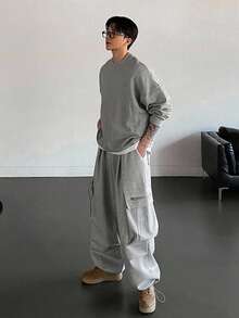 DAZY Men's Thermal-Lined Grey Utility Pocket Drawstring Hem Pullover Sweatshirt Set, Autumn/Winter - Grey - View 2