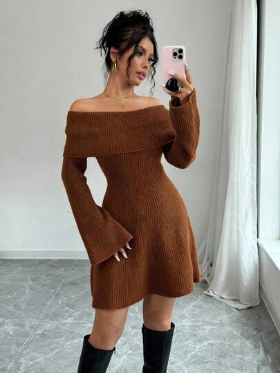 Rafferiza Elegante vestido de punto de manga larga con diseño de línea A, hombros descubiertos y cintura ceñida, unicolor, para mujer, otoño/invierno