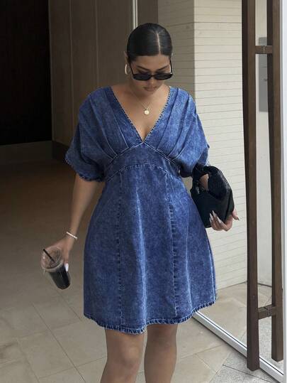 Dripcurv Vestido de mezclilla con cuello en V, cintura ceñida y mangas de murciélago, talla grande, verano