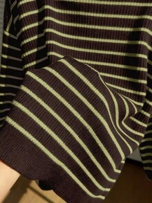 SHEIN EZwear Áo khoác cardigan dáng rộng thắt nơ kẻ sọc thường ngày cỡ lớn cho nữ, mùa thu/đông - màu xanh lá - Xem 5