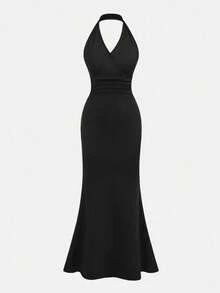 Girlism 少女黑色提花针织露背交叉腰鱼尾裙 - 黑色 - 查看 4