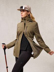 OutZeal 女式无 PFC 防水防风抽绳腰袋连帽户外外套徒步露营秋冬 - 棕色 - 查看 9