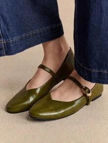 Rosivie 复古扣饰平底鞋，百搭优雅，适合春夏季，灰色 - 軍綠色 - 查看 1