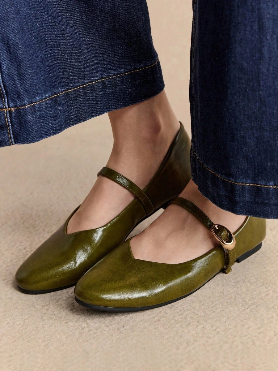 Rosivie 复古扣饰平底鞋，百搭优雅，适合春夏季，灰色 - 軍綠色 - 查看 1