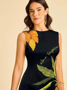 CAJUNI Women's Apricot Base Coconut Tree, Parrot And Tropical Fruit Print, Round Neck Sleeveless Fitted Ruched Print Summer Vacation Beach Mini Dress - Black - View 6