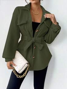 SHEIN LUNE Chaqueta casual de unicolor, versátil para el transporte, otoño/invierno - Verde Oscuro - View 4