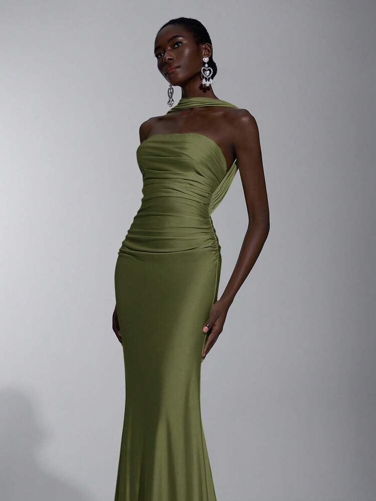 Elitara Elegant, Romantic, Sexy, Minimalist Design Bodycon Dress With Elastic Knit, Spaghetti Straps, Open Back, Fitted Waist. Fashion, Influencer Style, Suitable For Holidays, Parties, Weddings, Bridesmaids Green - Army Green - View 4