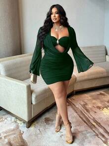 NU&NOW Plus Size Women's Dress, Autumn/Winter, Fuzzy Cuff, High Stretch, Semi-Sheer Mesh, Twist Knot, Metal Button, Sexy Bodycon Maxi Dress, Long Sleeve, Christmas Party Holiday Gathering Dress