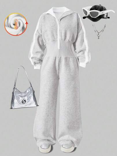 SHEIN Sparklyn 1pc Girls' Floral Grey Fashionable & Comfortable Contrast White Ribbon Half-Zip Fleece Hoodie & High Waist Ribbed Pants Set, Loose Leg Design, Suitable For Indoor, Outdoor, Travel, Party, School Commute, Autumn/Winter Essential Fall