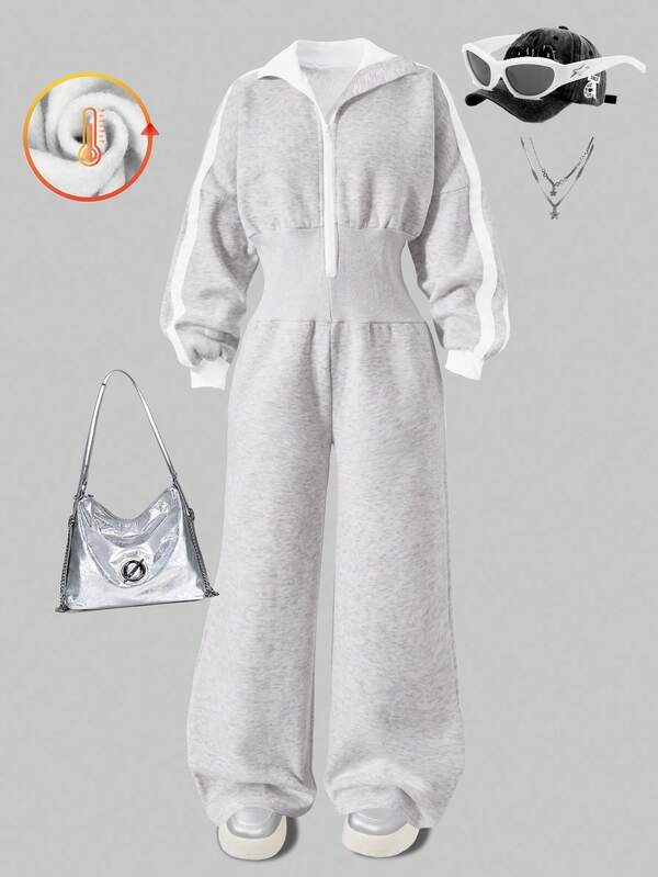 SHEIN Sparklyn 1pc Girls' Floral Grey Fashionable & Comfortable Contrast White Ribbon Half-Zip Fleece Hoodie & High Waist Ribbed Pants Set, Loose Leg Design, Suitable For Indoor, Outdoor, Travel, Party, School Commute, Autumn/Winter Essential Fall