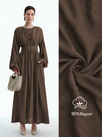Aalyst Robe longue femme élégante et luxueuse de style minimaliste, idéale pour les vacances et les déplacements. Coupe ample et confortable en couleur unie, avec col rond, taille froncée, dos élastique et manches longues. Convient pour le printemps, l'automne et l'hiver.