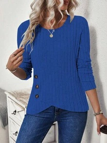 EMERY ROSE Camiseta de manga larga con bajo asimétrico de unicolor casual, otoño - Azul - Ver 4