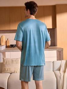 Men's Round Neck Striped Short Sleeve Casual Pajama Set, Summer - Multicolor - View 2