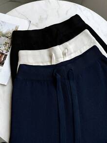 Franclia Quần ống rộng ống đứng lưng cao có dây rút mới dành cho nữ, quần dệt kim dày lót nhiệt - Màu xanh hải quân - Xem 3