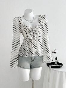 SHEIN Unity 1pc Women's Apricot V-Neck Tie Front Polka Dot Flare Sleeve Casual/Work Blouse - Apricot - View 1