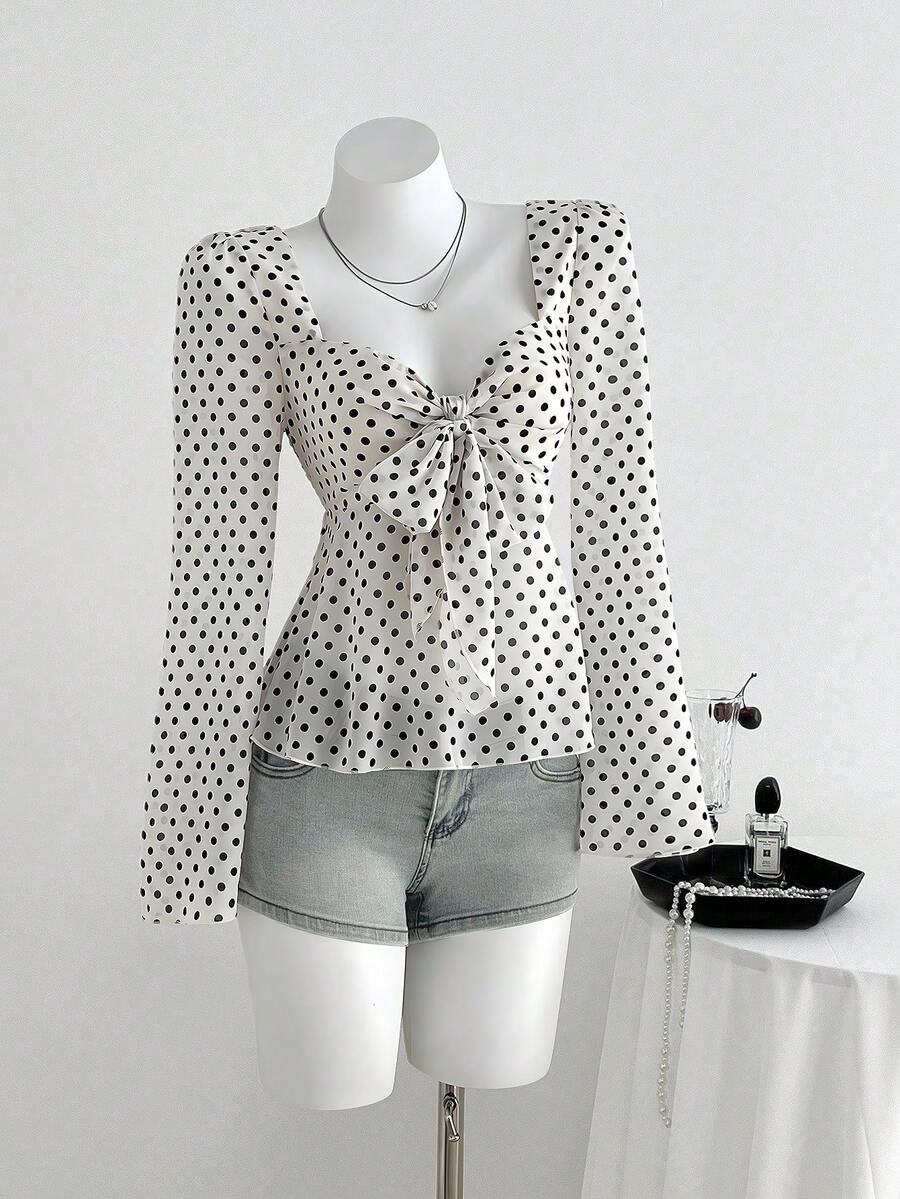 SHEIN Unity 1pc Women's Apricot V-Neck Tie Front Polka Dot Flare Sleeve Casual/Work Blouse - Apricot - View 1