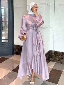 DAZY 女士优雅纯色灯笼袖系带裹身式中长连衣裙，款式端庄时尚 - 粉色 - 查看 6