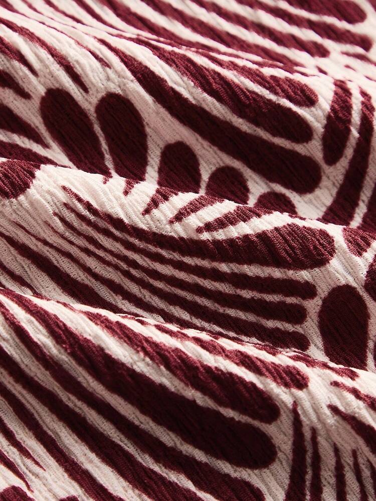 Autumn Fitted Top With Burgundy And White Abstract Print, Front Ring Detail, And Long Sleeves Fall Women Clothes Spring Summer Top  New Year Dress
