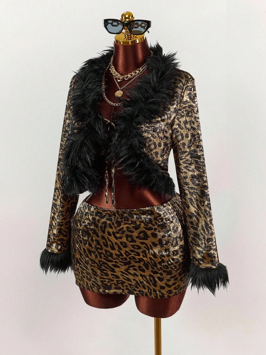 Amplova Conjunto de 2 piezas de top de manga larga y minifalda con estampado de leopardo y parches de piel sintética - Multicolor - Ver 1