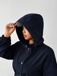 SHEIN EZwear 海军蓝加大码连帽防水长款风衣，秋冬 - 藏蓝色 - 查看 6