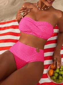 Swim Basics Bộ bikini họa tiết màu trơn cho kỳ nghỉ ở bãi biển - Màu Hồng Tươi - Xem 6