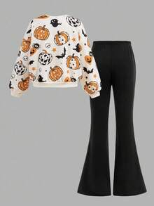 SHEIN Girlism Conjunto informal de 2 piezas para niñas preadolescentes con sudadera holgada de cuello redondo con estampado de flores de dibujos animados y pantalones acampanados para uso diario en otoño/invierno