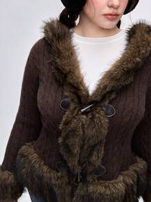 ROMWE Kawaii 加大码复古棕色毛绒拼布长袖性感深 V 针织开衫，秋冬女式长袖开衫上衣 - 彩色 - 查看 6