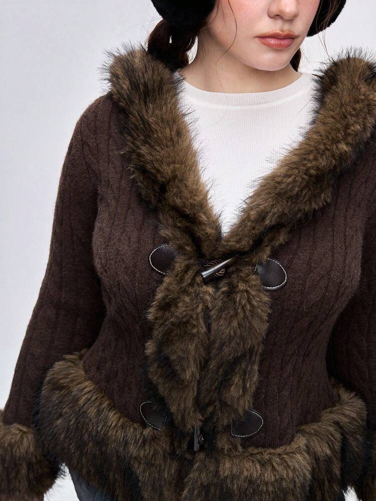 ROMWE Kawaii 加大码复古棕色毛绒拼布长袖性感深 V 针织开衫，秋冬女式长袖开衫上衣 - 彩色 - 查看 6