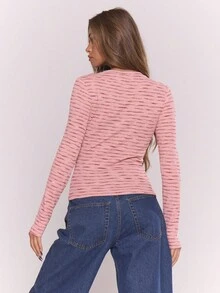 MUSERA Asymmetric Button Down Long Sleeve Stripe Ribbed Crew Neck Top Old Money Cute Country Cottage Core Casual Lounge For Women Butterscotch  ,Elegant Festive, Holidays Spring Summer - Pink - View 2