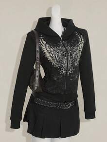 SHEIN ICON Y2K 女款万圣节哥特图案黑色秋冬翅膀印花长袖拉链前开休闲连帽衫 - 黑色 - 查看 1