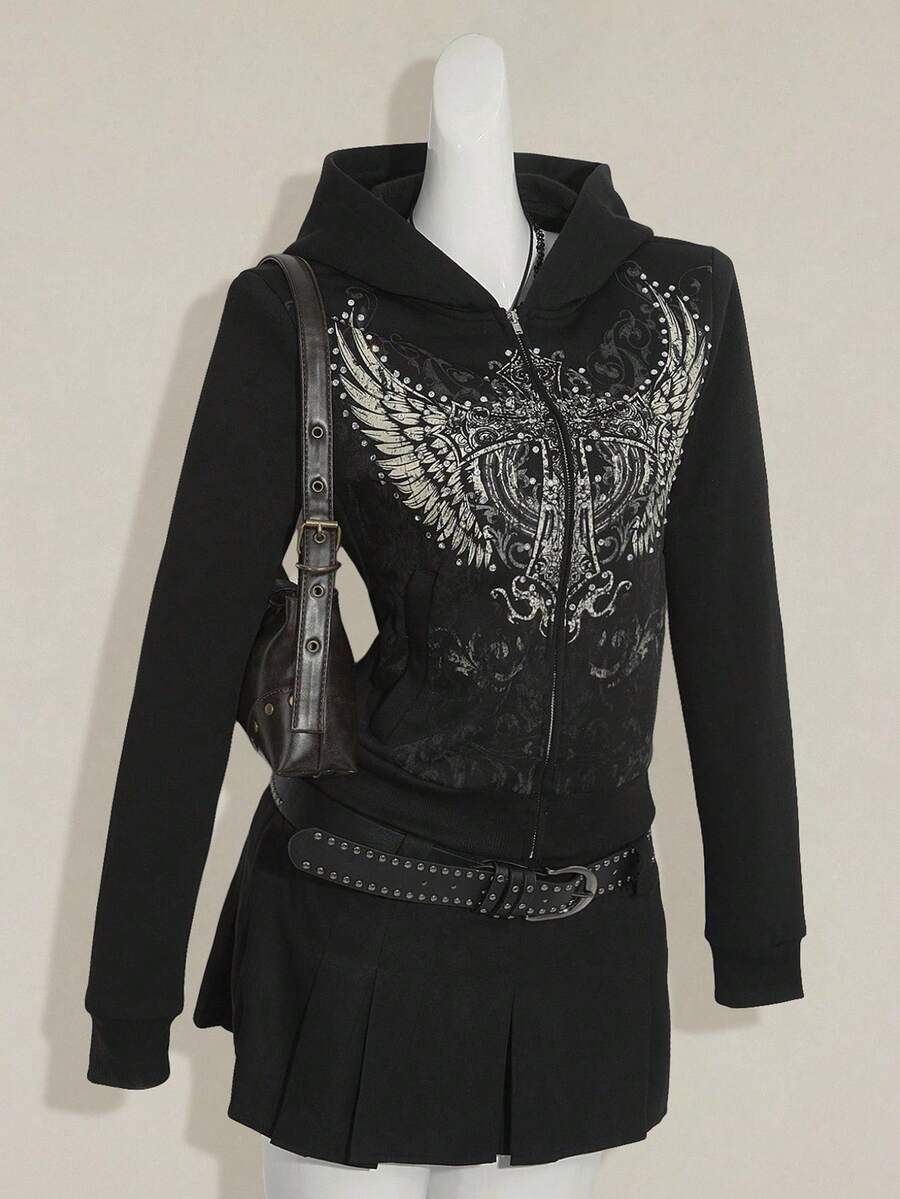 SHEIN ICON Y2K 女款万圣节哥特图案黑色秋冬翅膀印花长袖拉链前开休闲连帽衫 - 黑色 - 查看 1