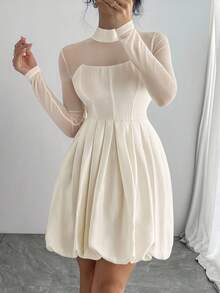 DAZY Women's Sheer Patchwork White Long Sleeve Short Dress - White - View 2